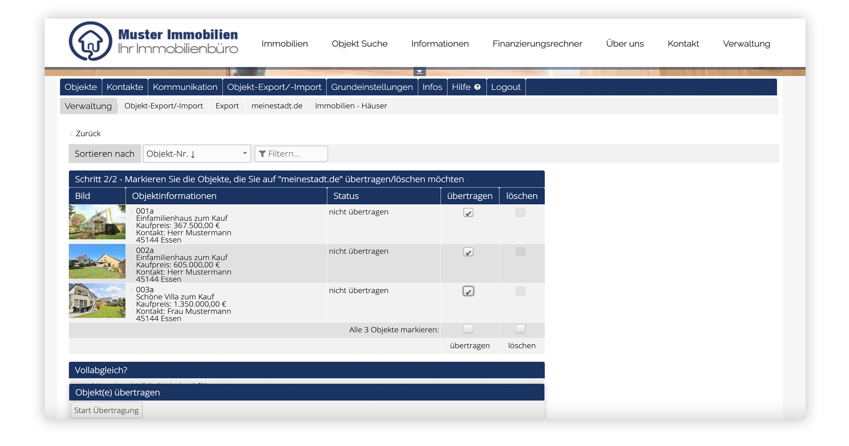 Screenshot immoprofessional Immobilien auswählen