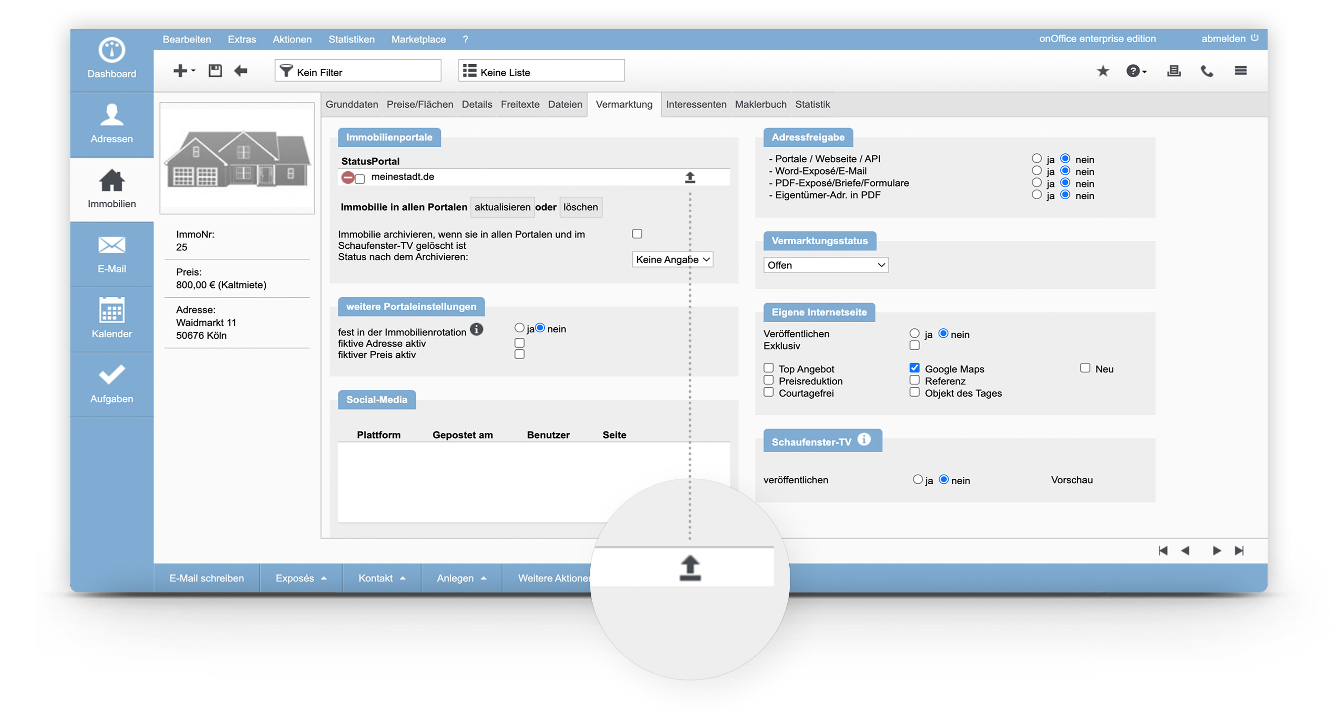 Screenshot onOffice Immobilie übertragen