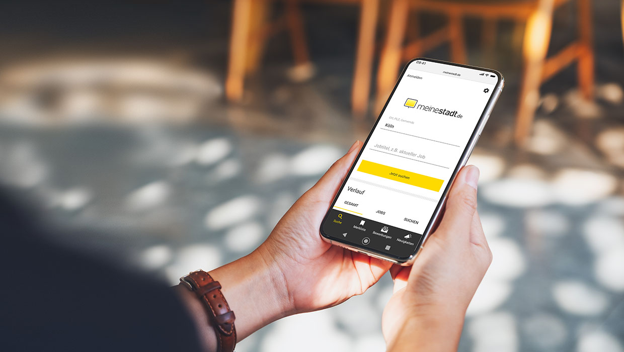 Ansicht der meinestadt.de Job-App auf einem Handy