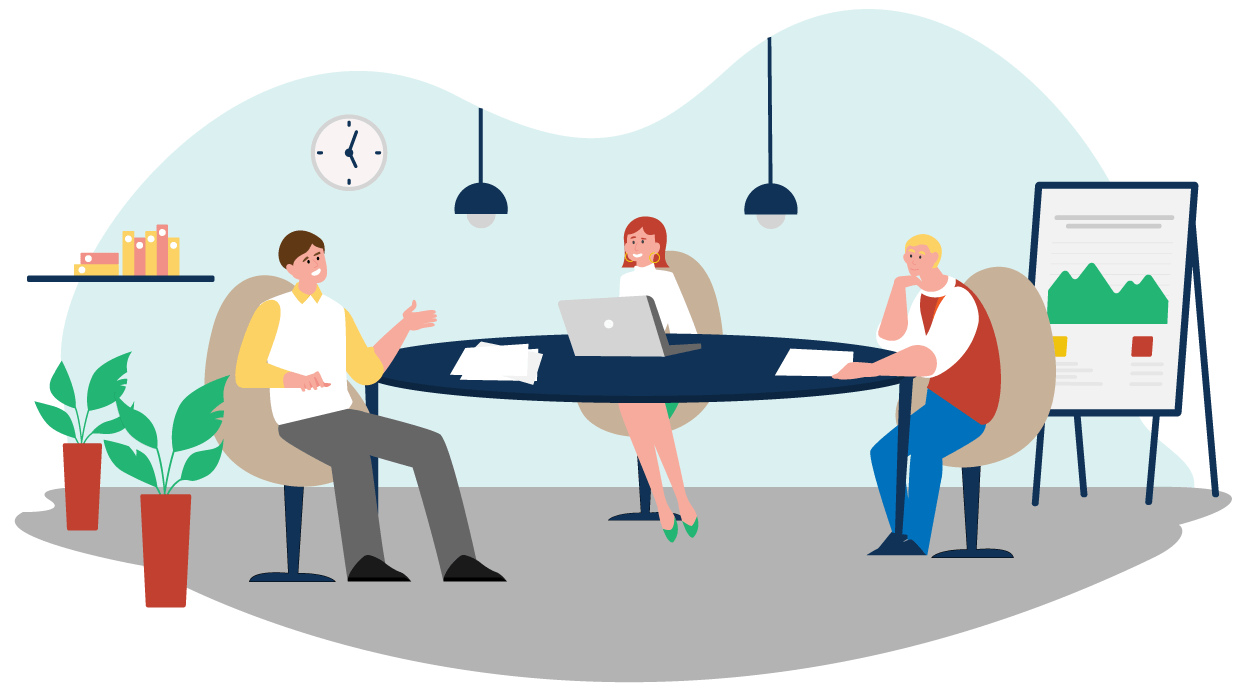 Illustration Branchenbuch-Ratgeber B2B: 3 Personen sitzen am Schreibtisch