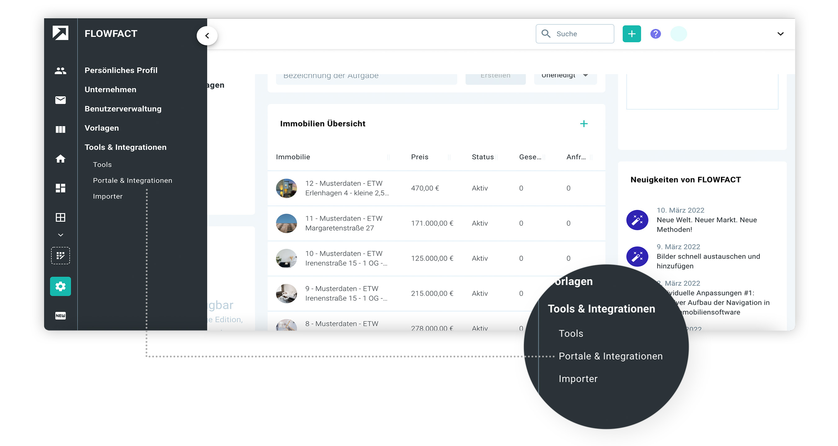 Screenshot Flowfact Portale und Integrationen