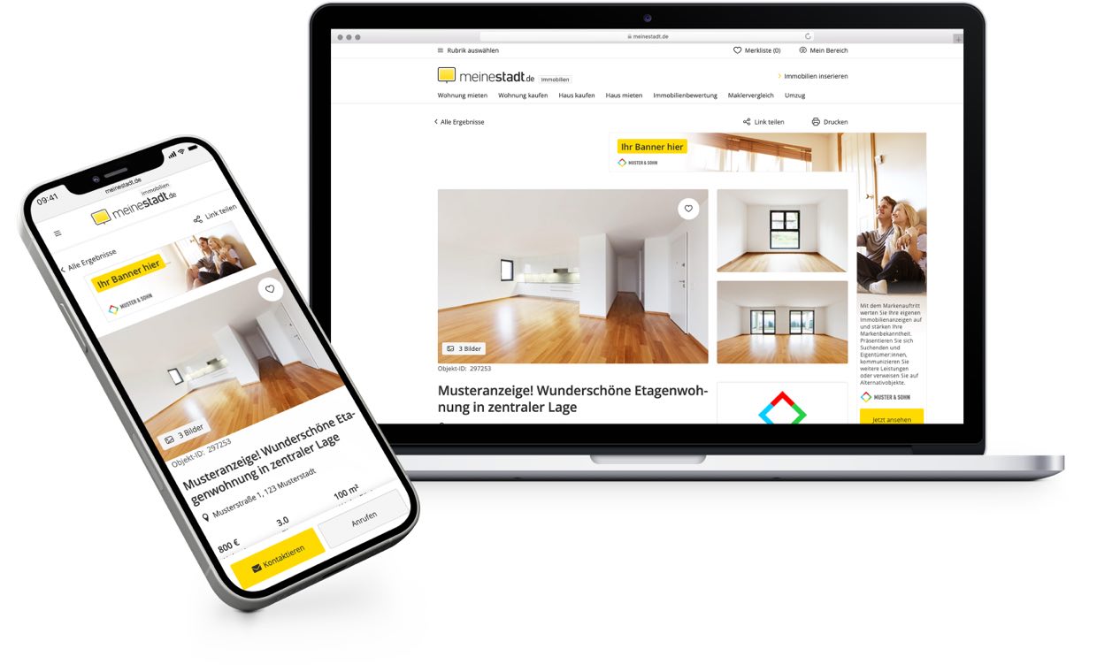 Smartphone und Tablet mit einer Immobilienanzeige auf meinestadt.de