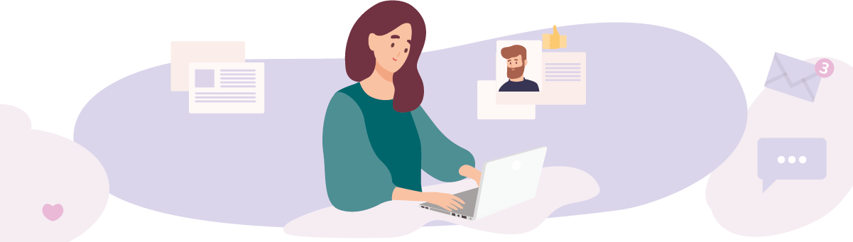 Frau sitzt chattend am Laptop
