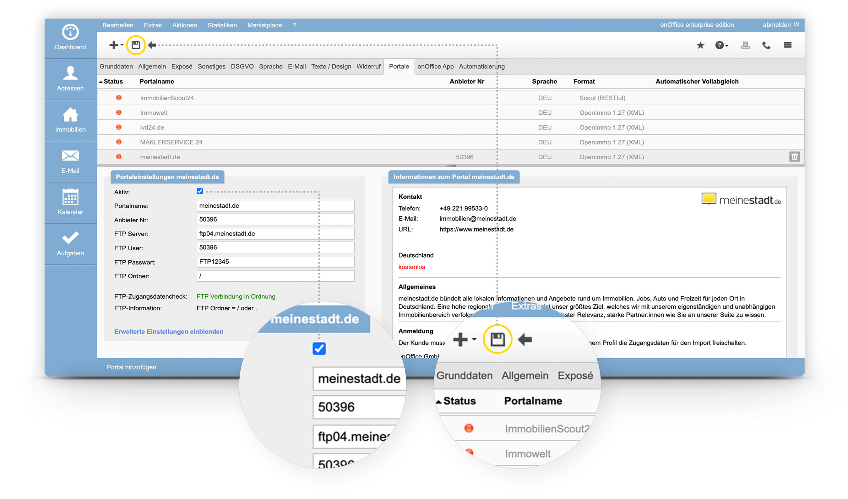 Screenshot onOffice Zugangsdaten aktivieren