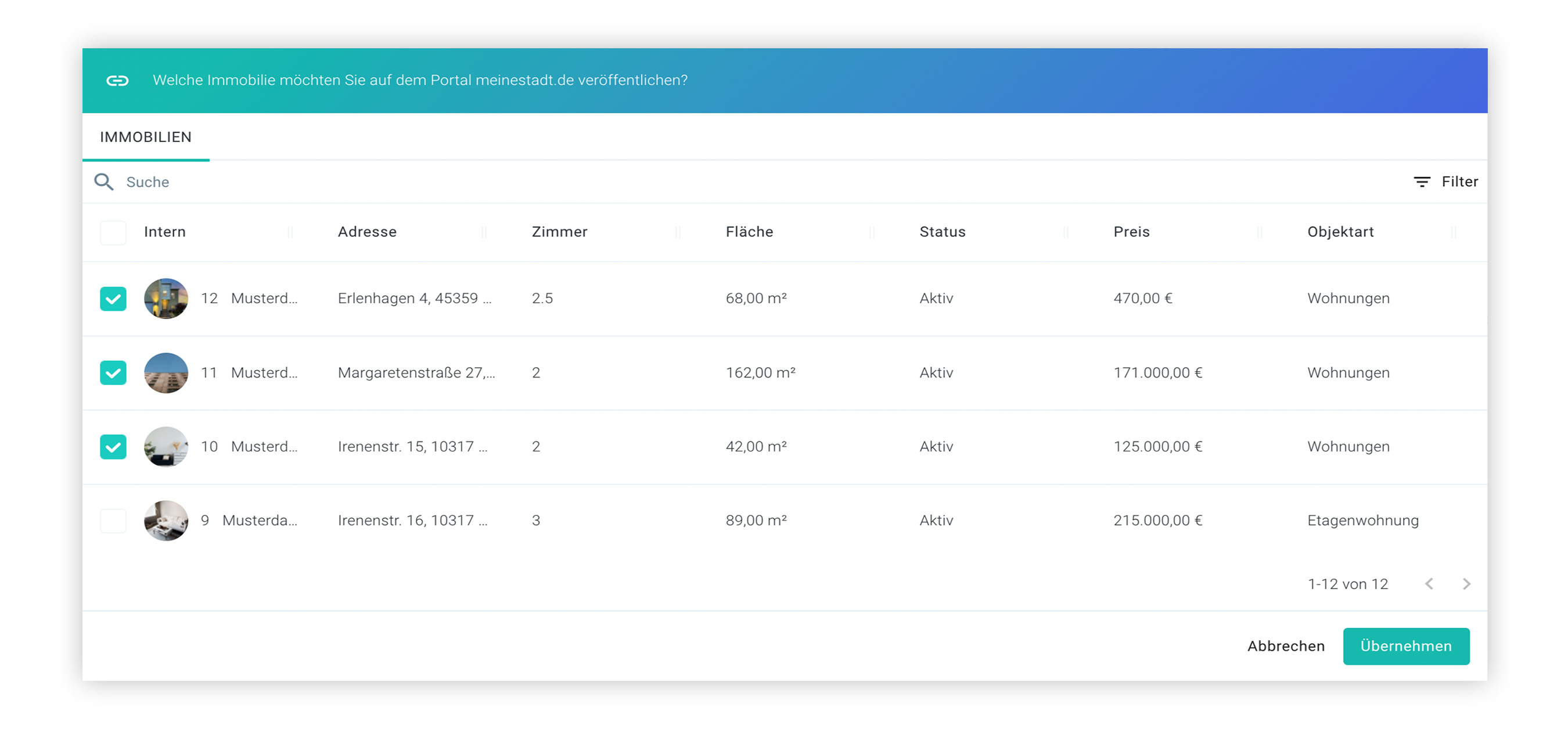 Screenshot Flowfact Immobilien auswählen