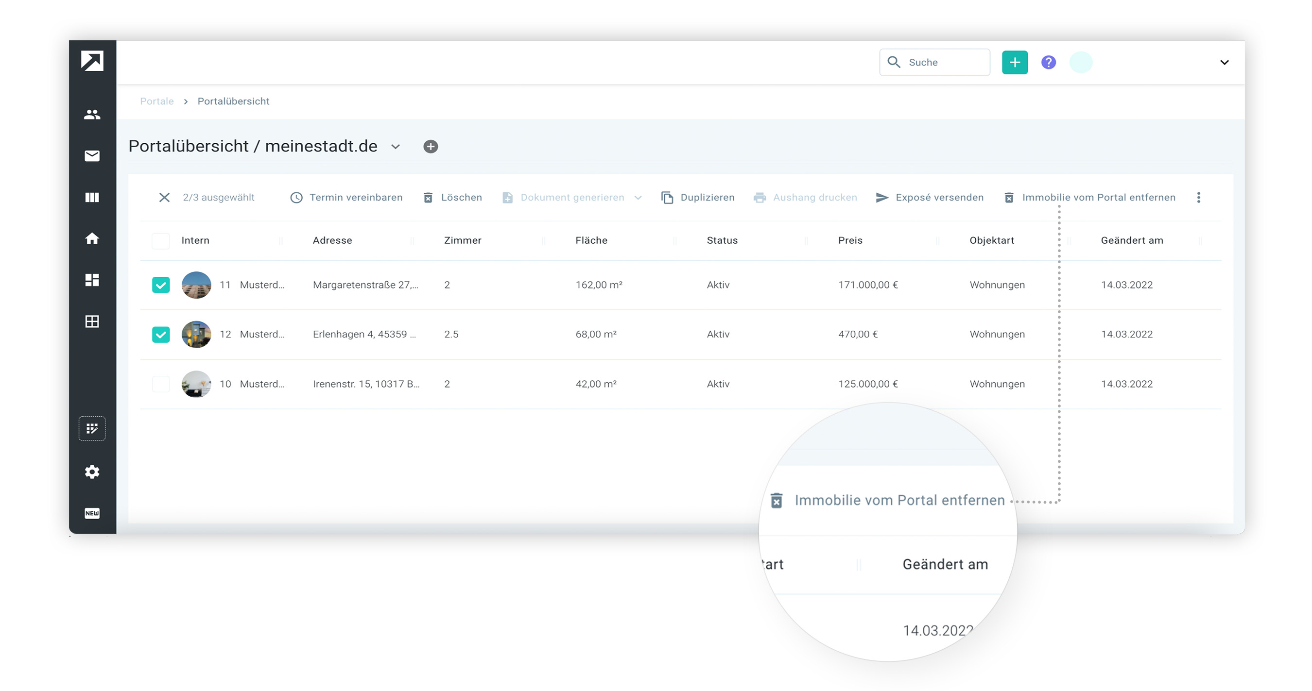 Screenshot Flowfact Immobilie löschen